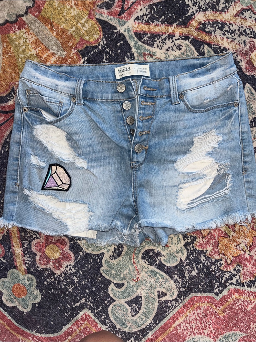 Light Blue Distressed Denim Shorts with Patch stretchy